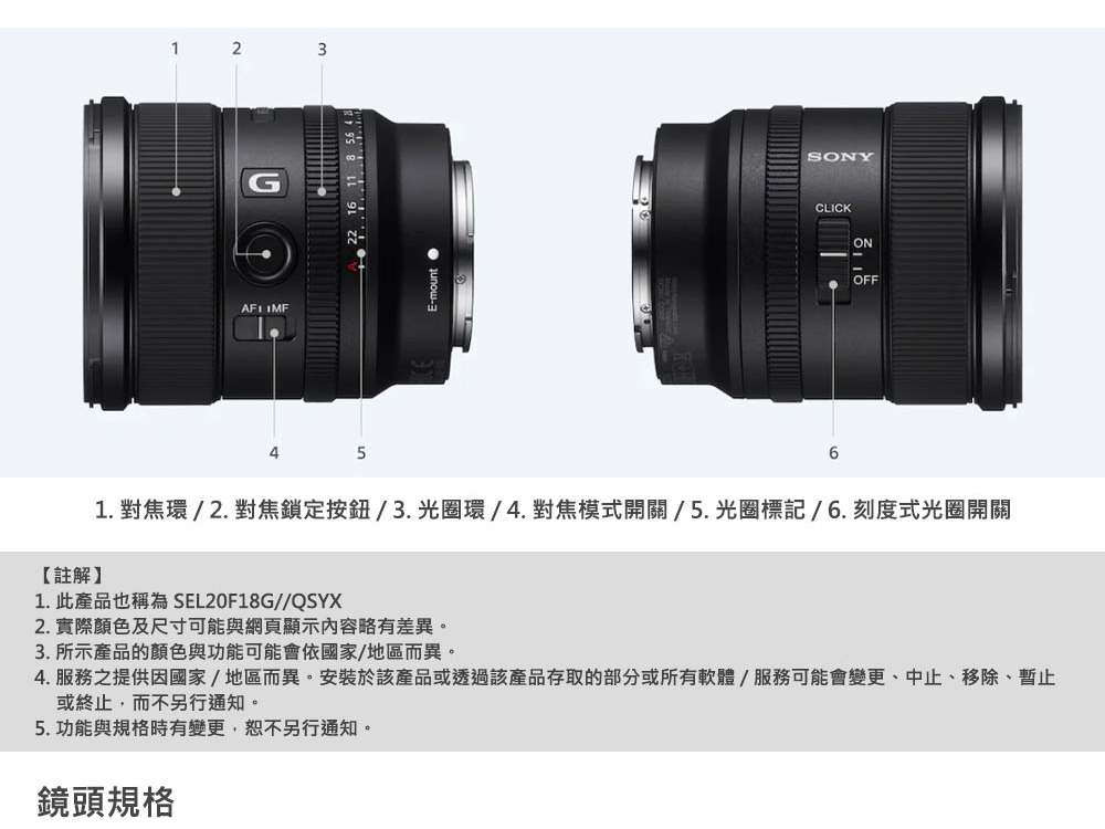 1 2316 11  56 5SONYCLICK6ONOFF【註解】1. 對焦環/2.對焦鎖定按鈕/3.光圈環/4.對焦模式開關/5.光圈標記/6.刻度式光圈開關1.此產品也稱為 SEL20F18G//QSYX2. 實際顏色及尺寸可能與網頁顯示內容略有差異。3. 所示產品的顏色與功能可能會依國家/地區而異。4. 服務之提供因國家/地區而異。安裝於該產品或透過該產品存取的部分或所有軟體/服務可能會變更、中止、移除、暫止或終止,而不另行通知。5. 功能與規格時有變更,恕不另行通知。鏡頭規格