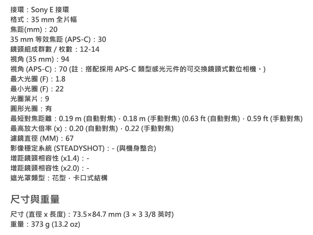 接環Sony E 接環格式: 35mm 全片幅焦距(mm):2035 mm 等效焦距 (APSC):30鏡頭組成群數/枚數:12-14視角 (35mm): 94視角 (APS-C):70(註:搭配採用APS-C類型感光元件的可交換鏡頭式數位相機。)最大光圈(F):1.8最小光圈(F):22光圈葉片:9圓形光圈:有最短對焦距離:0.19m(自動對焦)0.18m(手動對焦)(0.63ft(自動對焦)0.59 ft (手動對焦)最高放大倍率(x):0.20(自動對焦)0.22(手動對焦)濾鏡直徑(MM):67影像穩定系統 (STEADYSHOT):-(與機身整合)增距鏡頭相容性 (x1.4):-增距鏡頭相容性(x2.0):-遮光罩類型:花型,卡口式結構尺寸與重量尺寸(直徑x長度):73.584.7mm(3x33/8英吋)重量:373 g (13.2 oz)