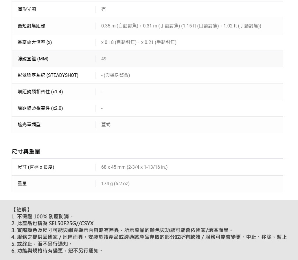 圓形光圈0.35 m (自動對焦),0.31 m (手動對焦) (1.15 ft (自動對焦),1.02 ft (手動對焦))最短對焦距離最高放大倍率 ()x 0.18 (自動對焦),x0.21 (手動對焦)濾鏡直徑(MM)49影像穩定系統 (STEADYSHOT)- (與機身整合)增距鏡頭相容性 (x1.4)增距鏡頭相容性 (x2.0)遮光罩類型蓋式尺寸與重量尺寸 (直徑 x 長度)68 x 45 mm (2-3/4x1-13/16 in.)重量174 g (6.2 oz)【註解】1.不保證100% 防塵防滴。2. 此產品也稱為SEL50F25G//CSYX3. 實際顏色及尺寸可能與網頁顯示內容略有差異,所示產品的顏色與功能可能會依國家/地區而異。4. 服務之提供因國家/地區而異。安裝於該產品或透過該產品存取的部分或所有軟體/服務可能會變更、中止、移除、暫止5. 或終止,而不另行通知。6. 功能與規格時有變更,恕不另行通知。